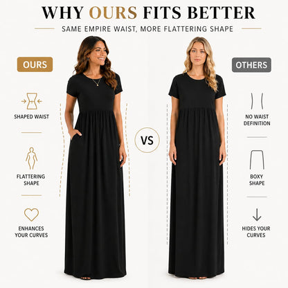 AUOMITH Women's 2026 Summer Short Sleeve Empire High Waist Long Maxi Dress with Pockets