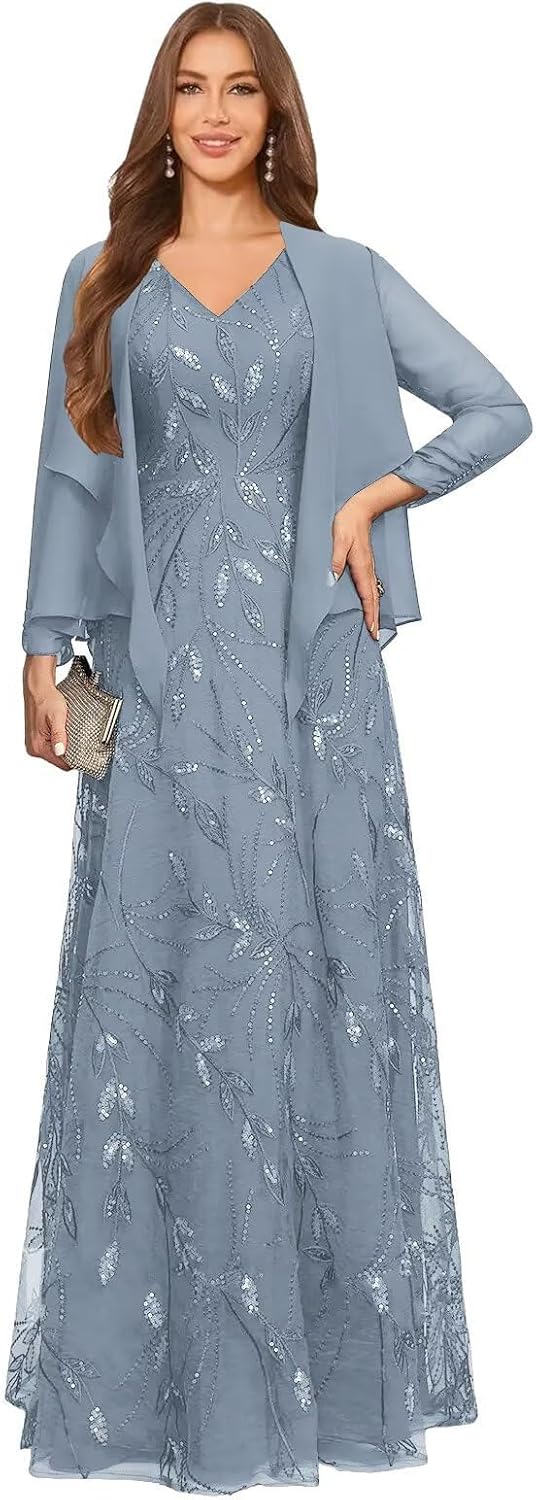 2 Piece Sequin Lace Mother of The Bride Dresses for Women with Jacket V Neck Long Formal Dresses Evening Gown