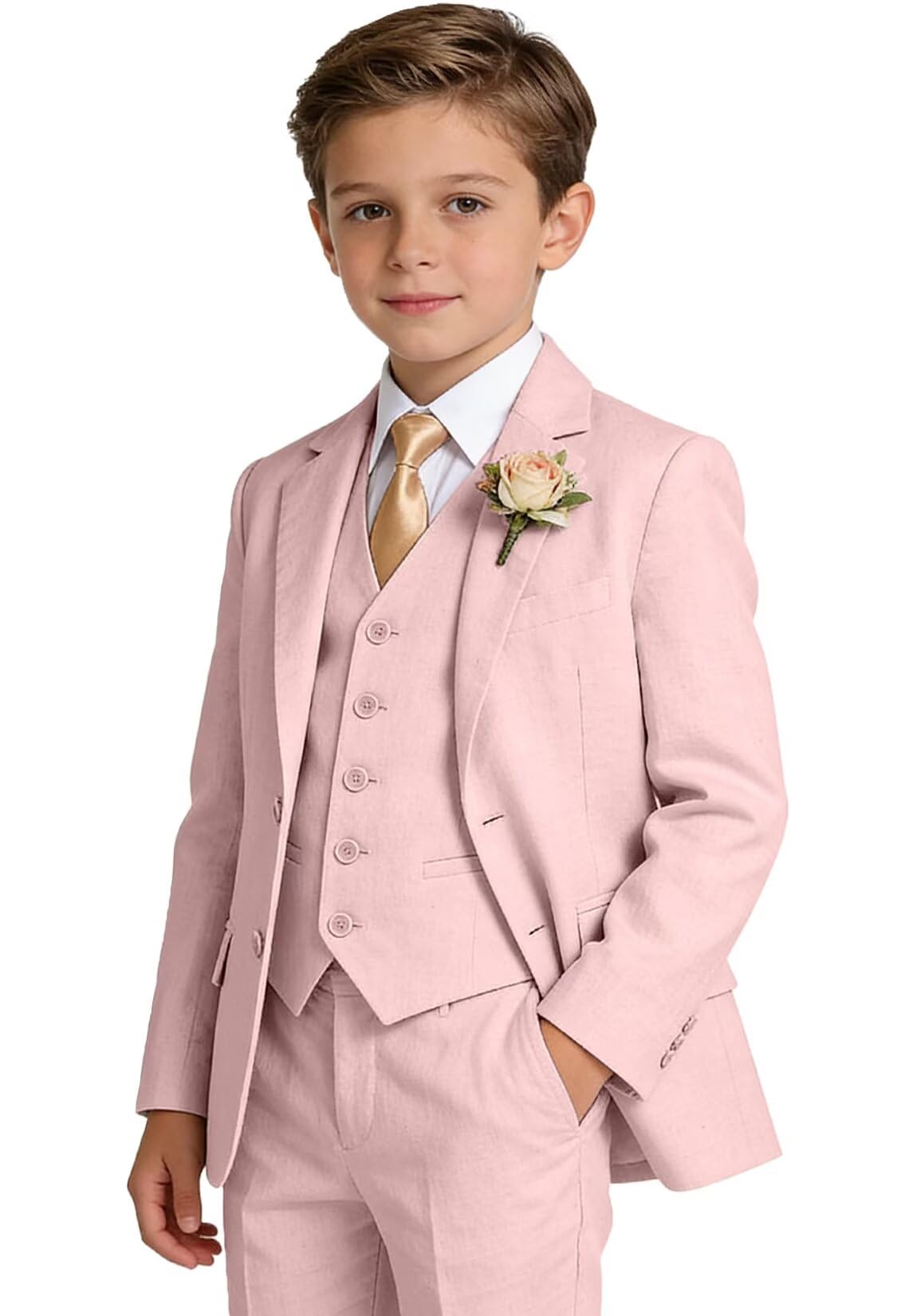 Boys Linen Suit Formal 3 Piece Toddler Tuxedo for Summer Beach Wedding Outfit Slim Fit Kids Suits Jacket Vest Pants