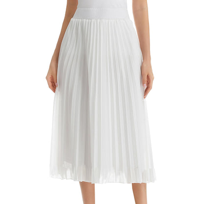 Womens Chiffon High Waist Skirt Pleated A-Line Swing Elastic Shirring Midi Length