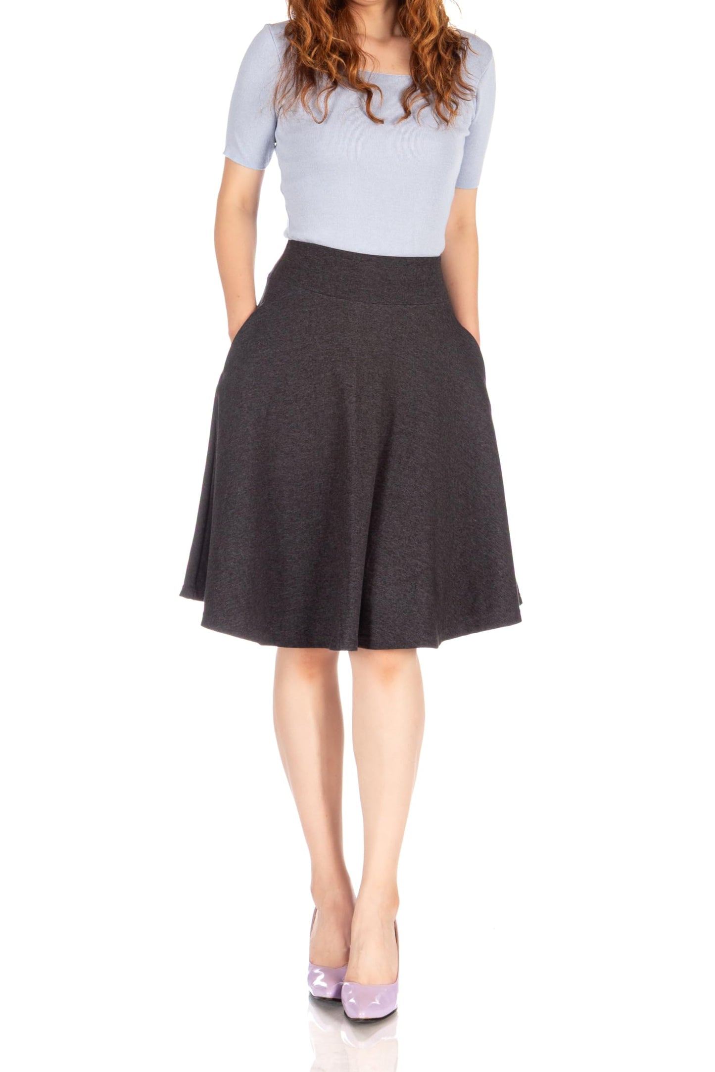 Dani's Choice High-Waisted Cotton Blend Skirt with Pockets - Knee Length A-line Flare for Business and Casual Wear