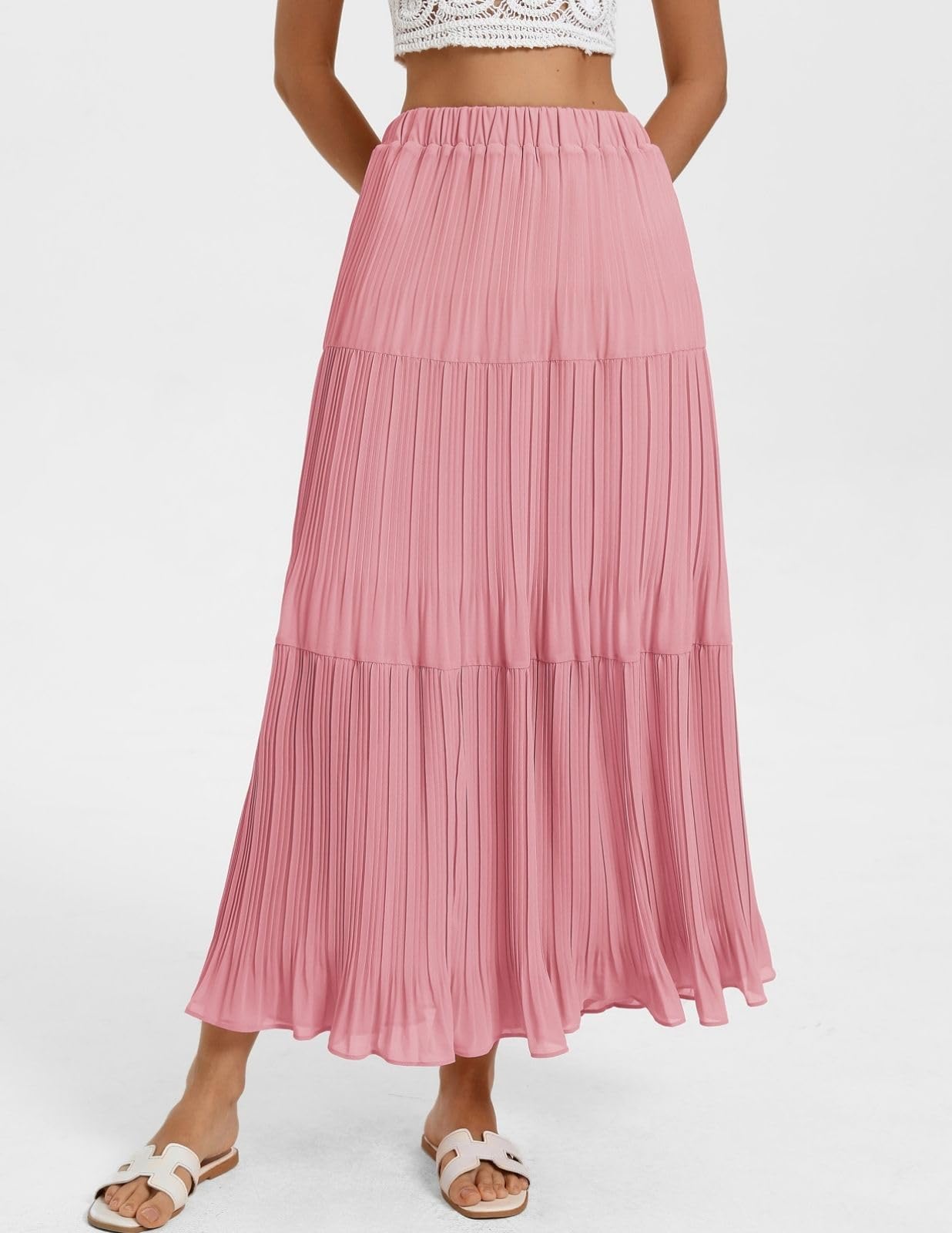 Kate Kasin 2026 Women's Chiffon Maxi Skirt, High Waist Pleated Skirts, Summer Flowy Long Skirts with Underskirt