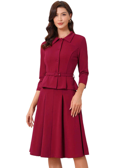 Allegra K Business Skirt Suit Sets for Women's 2 Piece Outfits Office 3/4 Sleeve Blazer Jacket Pleated Skirts