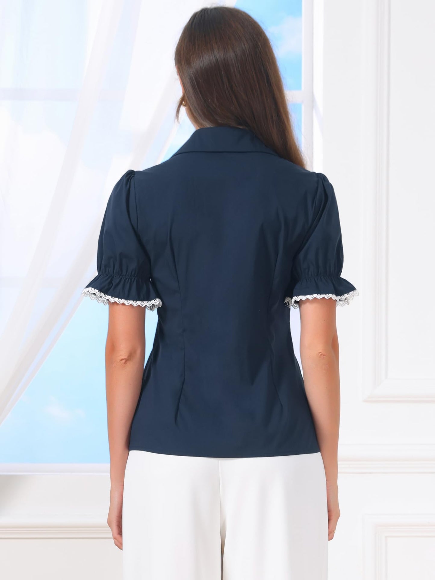 Allegra K Peter Pan Collar Shirt for Women Vintage Tops Puff Short Sleeve Button Down Retro Blouses 2026