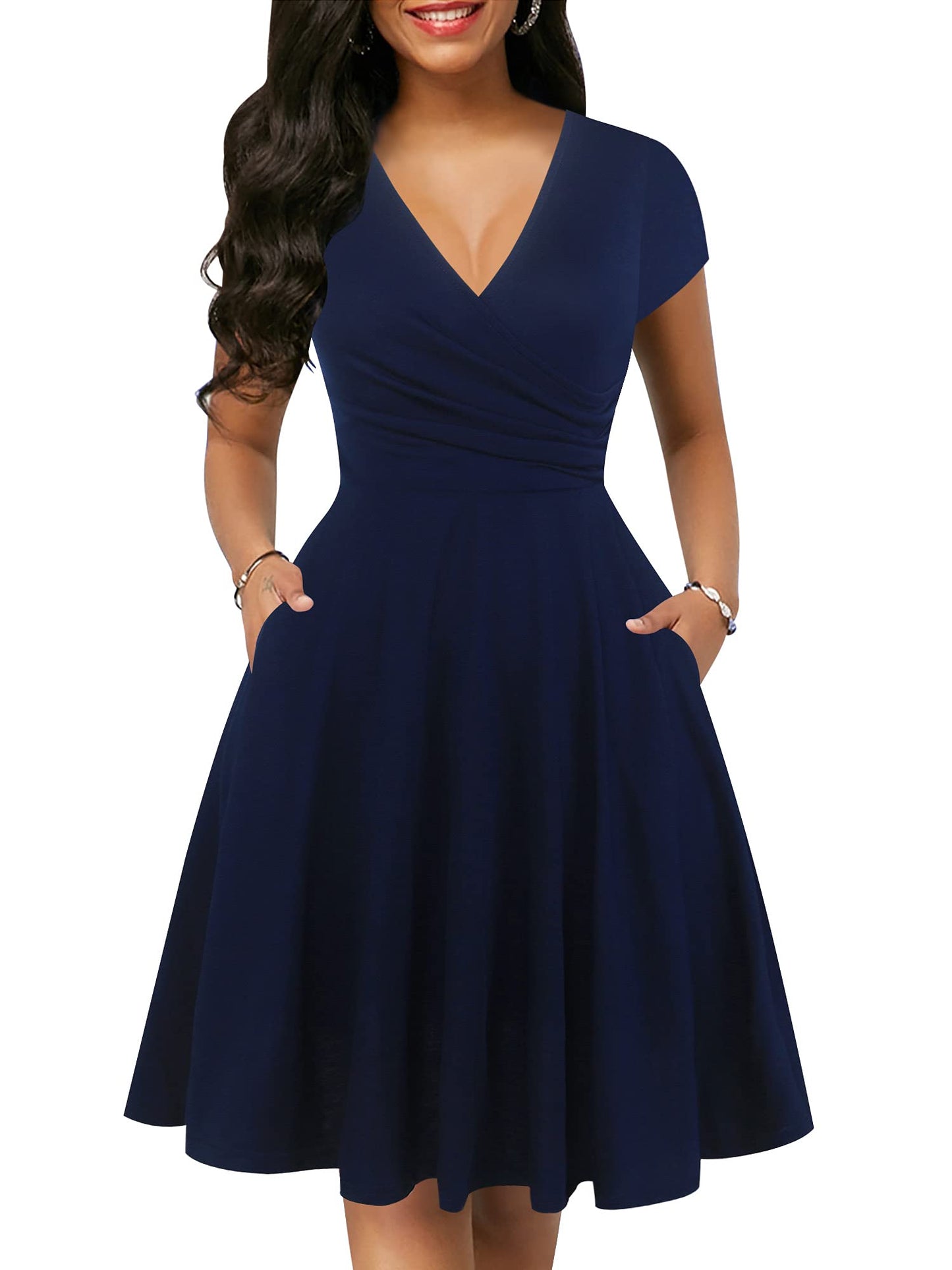 oxiuly Women's Vintage Dot V-Neck Cap Sleeve Casual Pockets Swing Tea Dress OX296