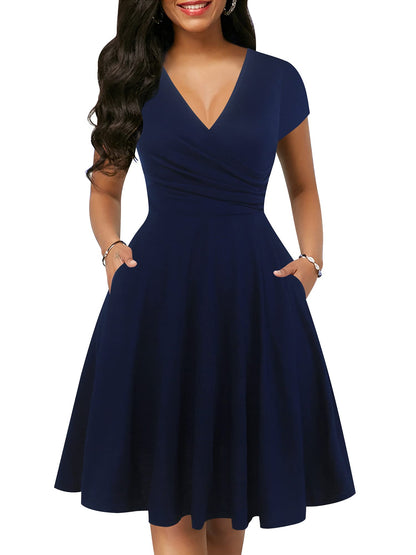 oxiuly Women's Vintage Dot V-Neck Cap Sleeve Casual Pockets Swing Tea Dress OX296