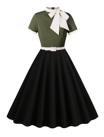 50s Style Dresses for Women Vintage Short Sleeve Tie Neck Swing Dress Midi Prom Dress with Belt