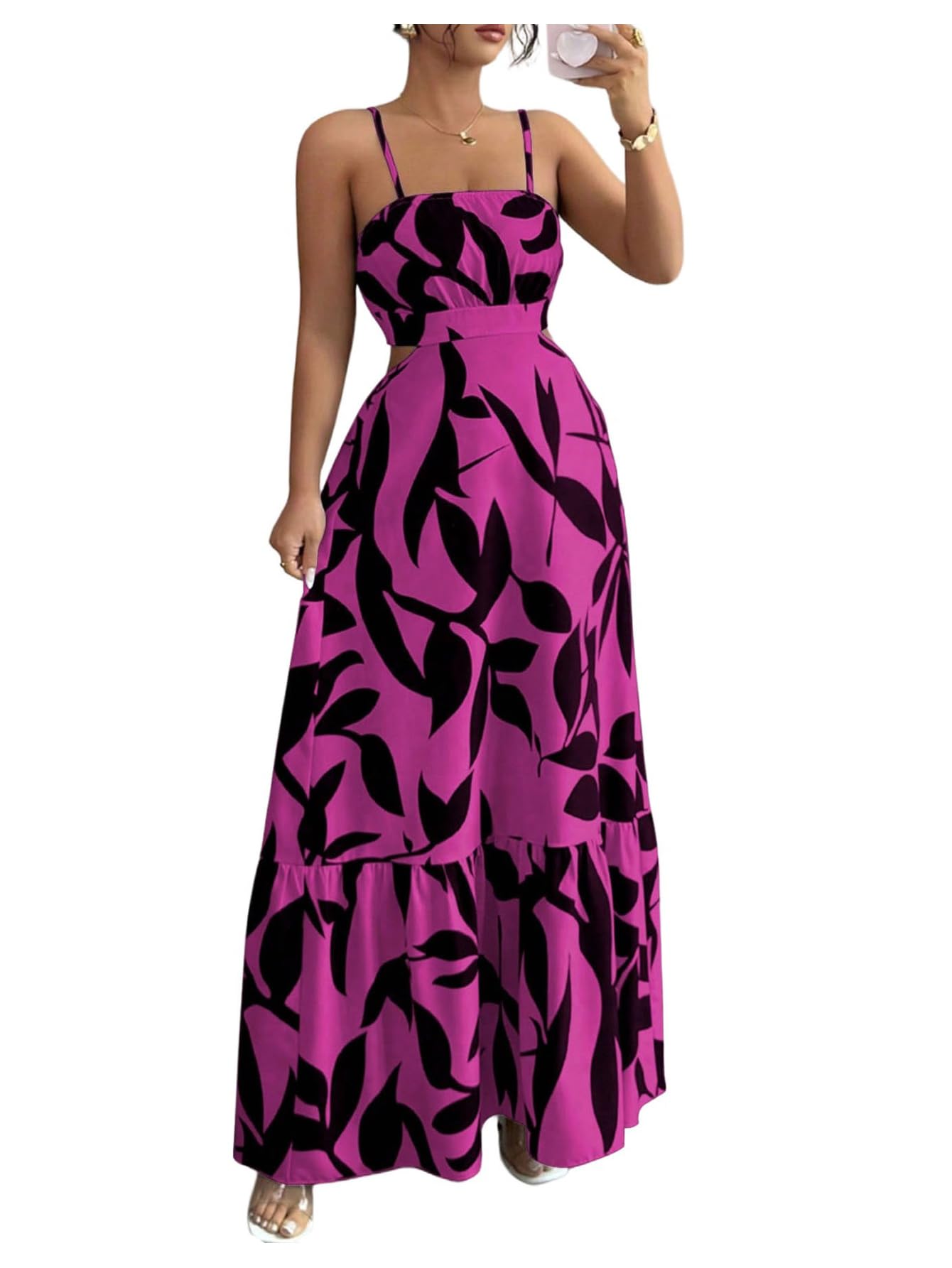 OYOANGLE Women's Cut Out Floral Print Tropical Maxi Cami Dress Ruffle Flowy Summer Vacation Spaghetti Strap Sundress