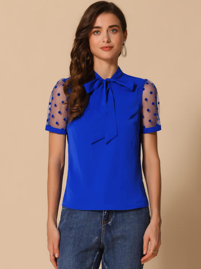 Allegra K Women's Bow Tie Neck V Neck Stand Collar Short Mesh Sleeve Blouse