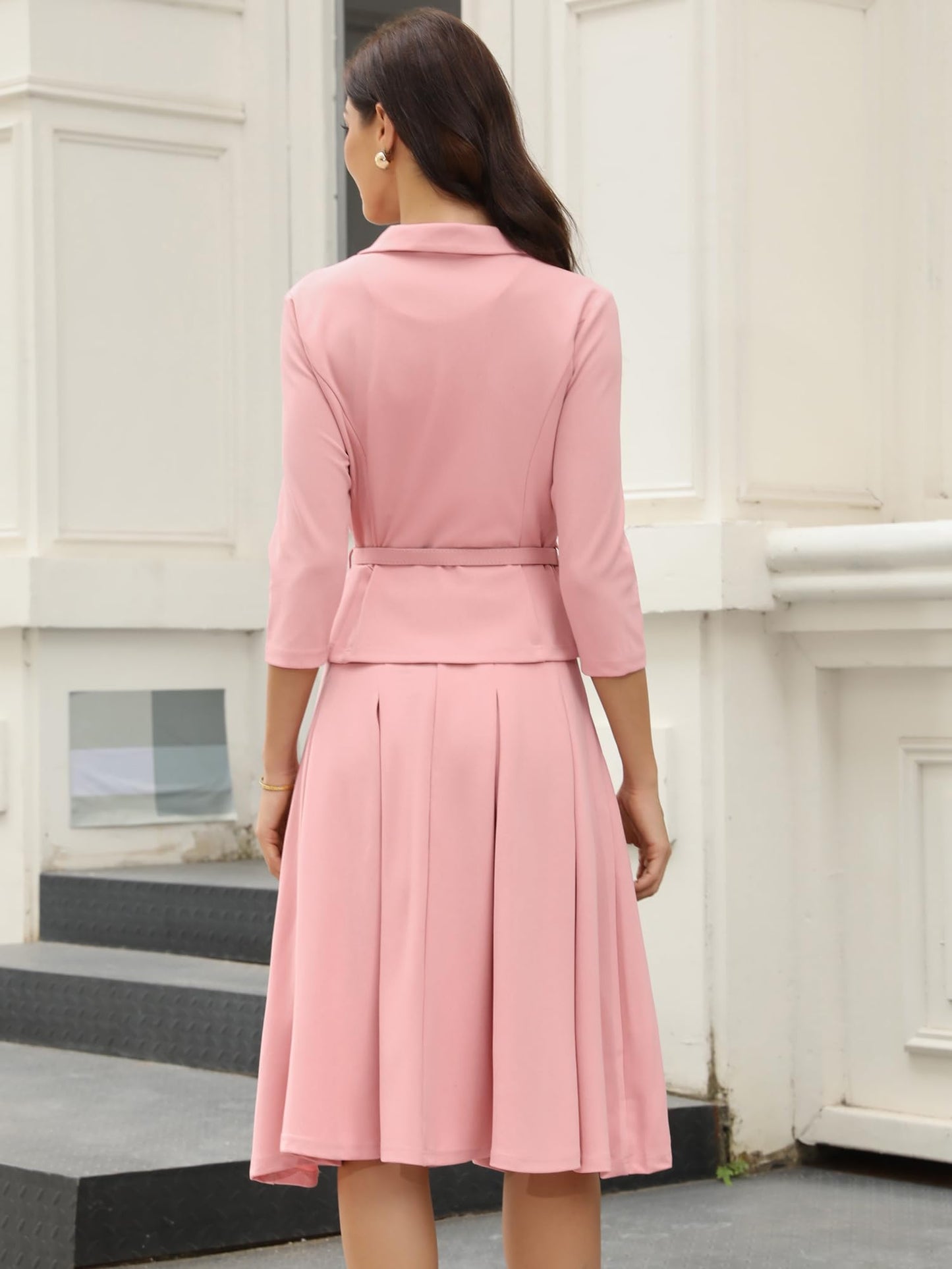 Allegra K Business Skirt Suit Sets for Women's 2 Piece Outfits Office 3/4 Sleeve Blazer Jacket Pleated Skirts