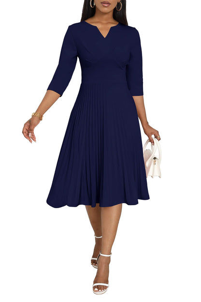 CLOCOR Midi Dresses for Women, 3/4 Sleeve A Line Pleated Casual Dress V Neck Church Cocktail Wedding Guest Dress