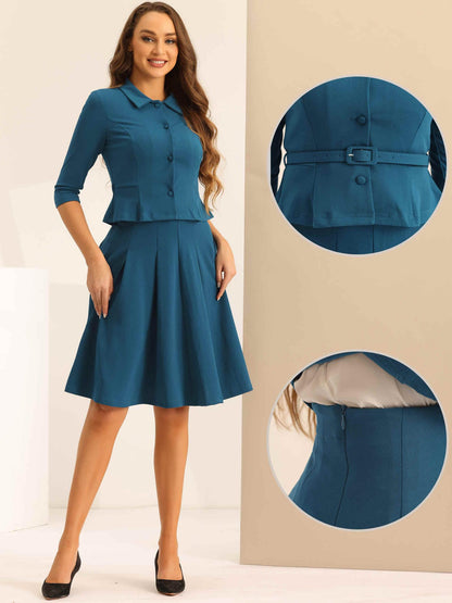 Allegra K Business Skirt Suit Sets for Women's 2 Piece Outfits Office 3/4 Sleeve Blazer Jacket Pleated Skirts