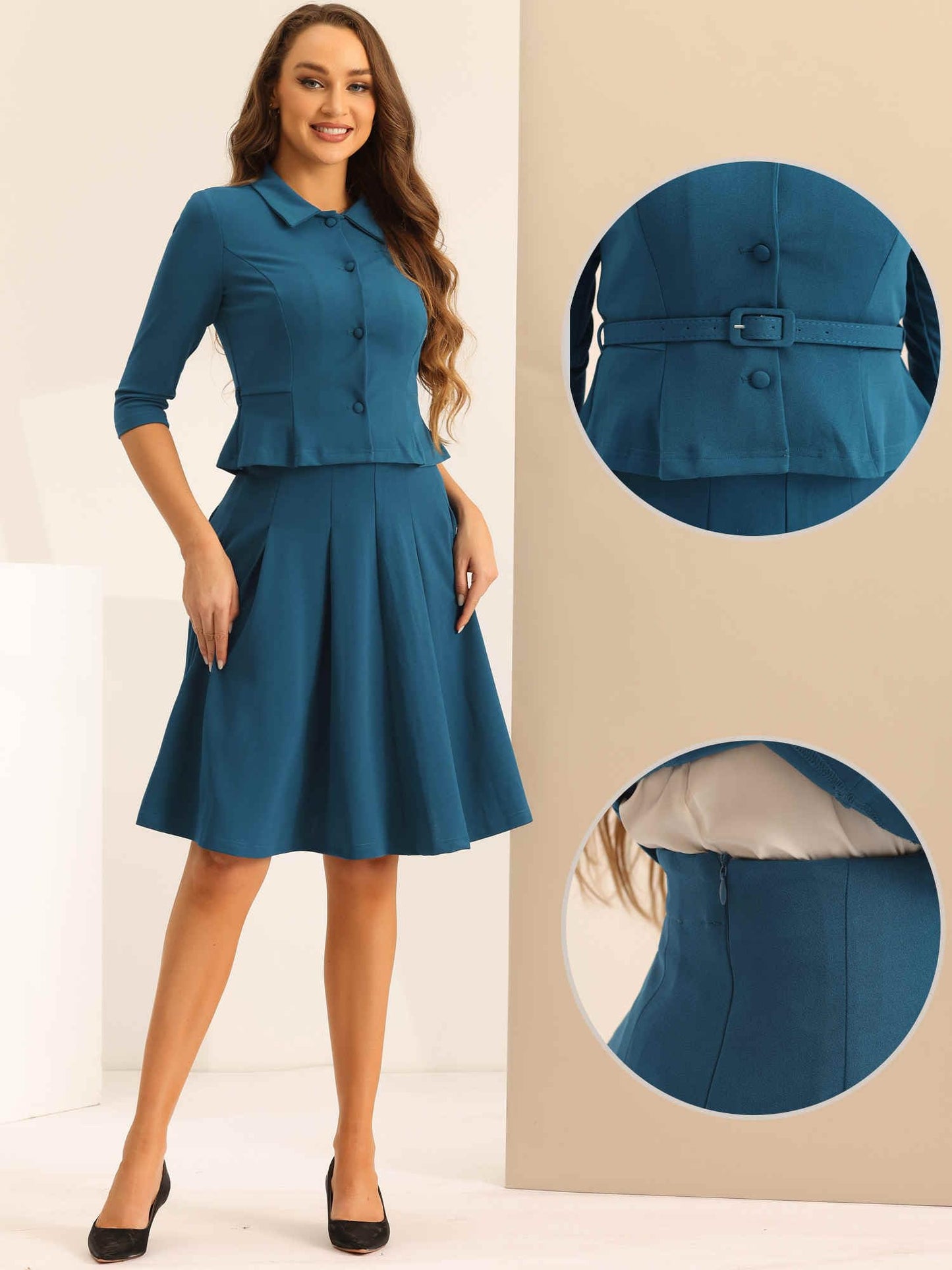 Allegra K Business Skirt Suit Sets for Women's 2 Piece Outfits Office 3/4 Sleeve Blazer Jacket Pleated Skirts