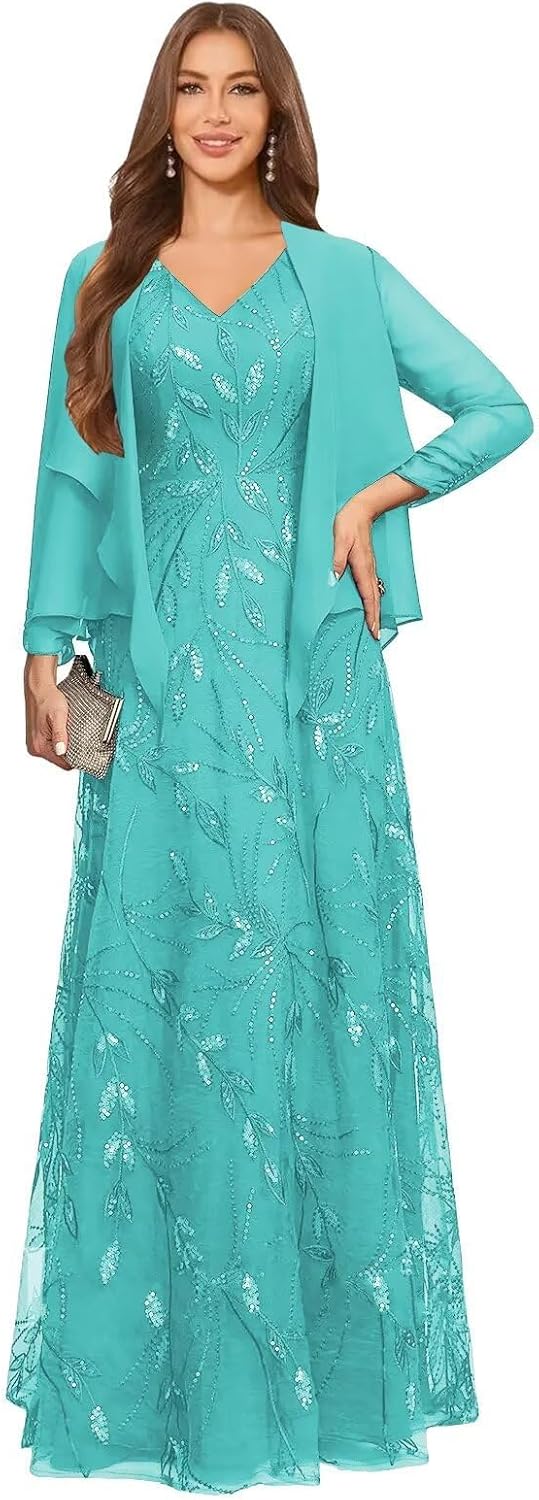 2 Piece Sequin Lace Mother of The Bride Dresses for Women with Jacket V Neck Long Formal Dresses Evening Gown