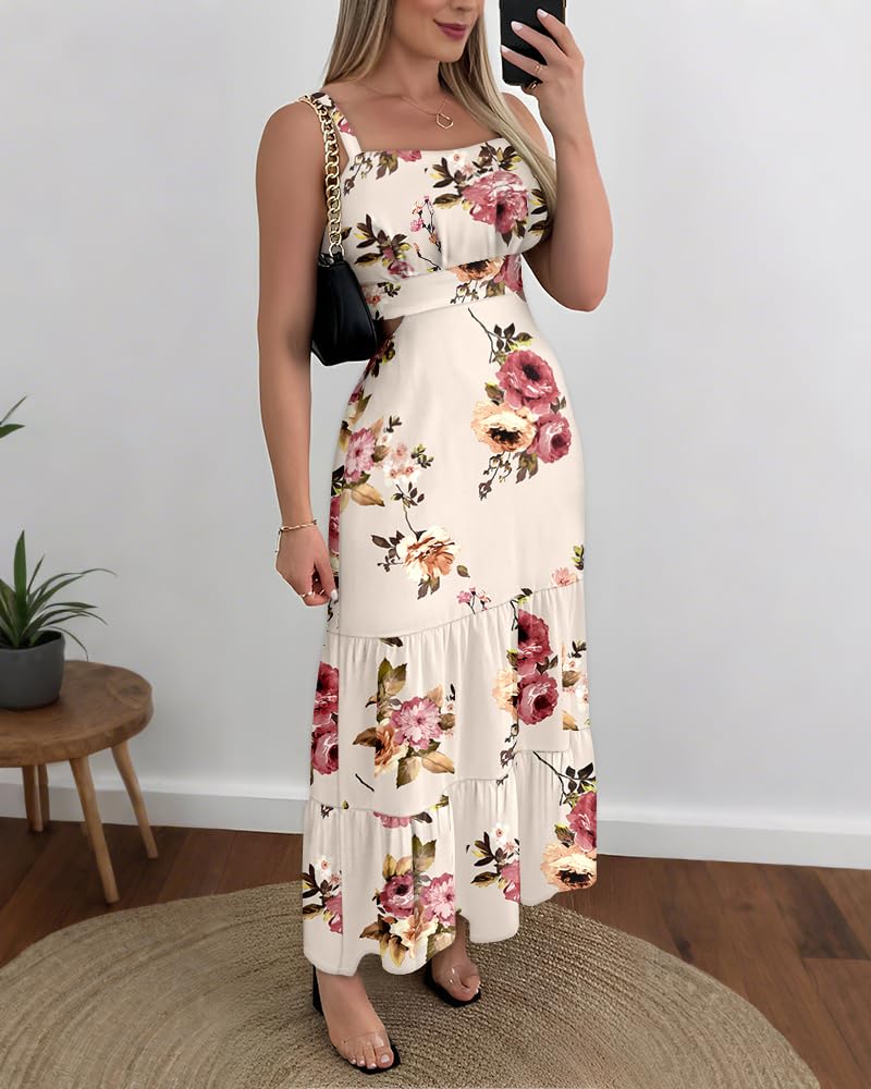 CHICME Summer Dresses for Women 2026 Sleeveless Casual Boho Maxi Dress Square Neck Cut Out Floral A Line Dress