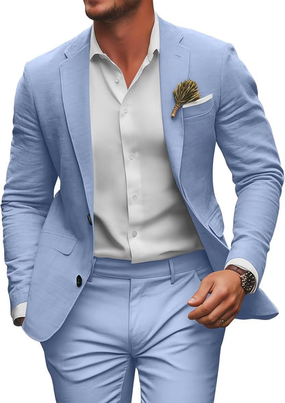 Retro Linen Mens Suit 2 Pieces Slim Fit Light Weight Beach Summer Wedding Tuxedo Set Jacket Blazer Pants for Men