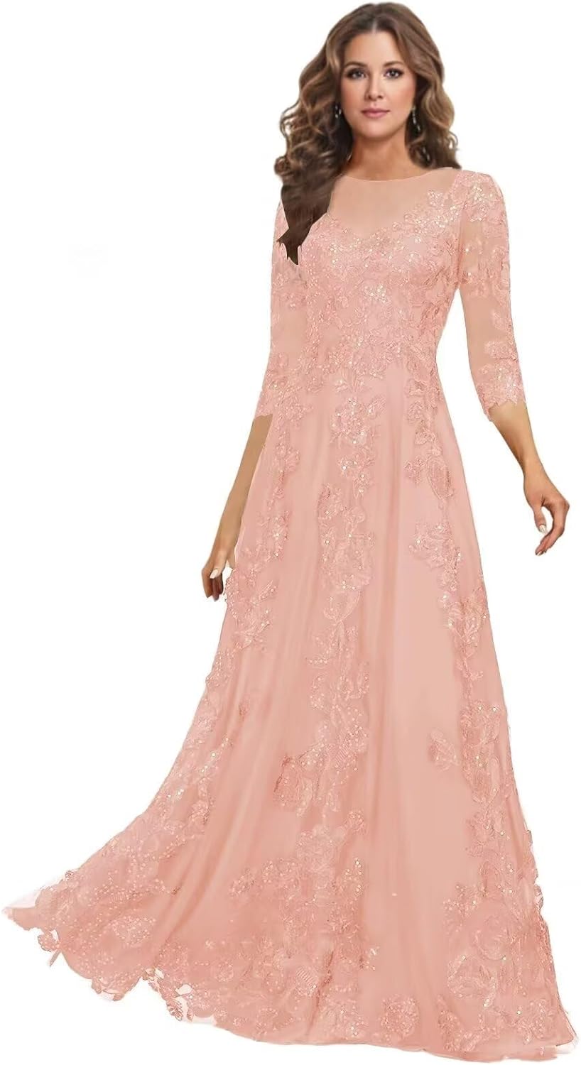 Lace Mother of the Bride Dress Long for Wedding Party Guest 3/4 Sleeves Formal Evening Gown JH028