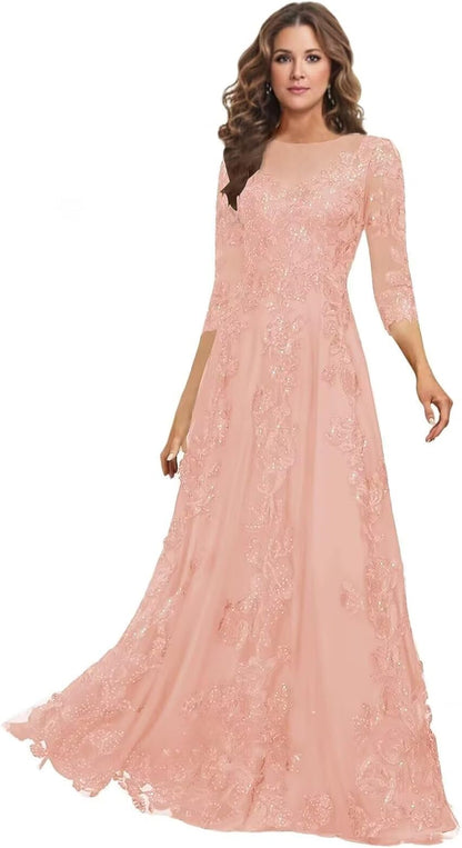 Lace Mother of the Bride Dress Long for Wedding Party Guest 3/4 Sleeves Formal Evening Gown JH028
