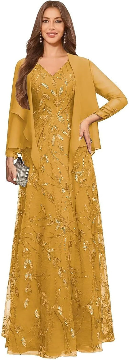 2 Piece Sequin Lace Mother of The Bride Dresses for Women with Jacket V Neck Long Formal Dresses Evening Gown