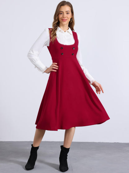 Allegra K Vintage Pinafore Dress for Women's 1950s Lace Trrim Midi Overall Dress with Pockets