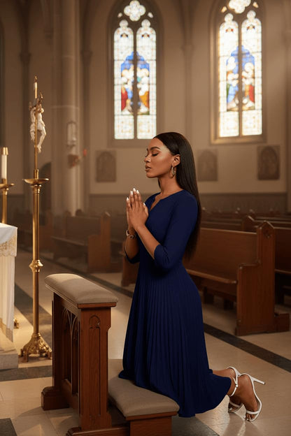 CLOCOR Midi Dresses for Women, 3/4 Sleeve A Line Pleated Casual Dress V Neck Church Cocktail Wedding Guest Dress