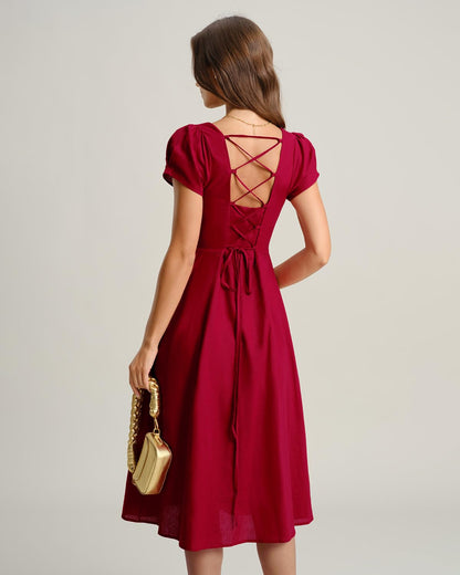 RIHOAS Elegant Casual Dresses for Women Short Sleeve Puff Square Neck A-Line Midi Dress