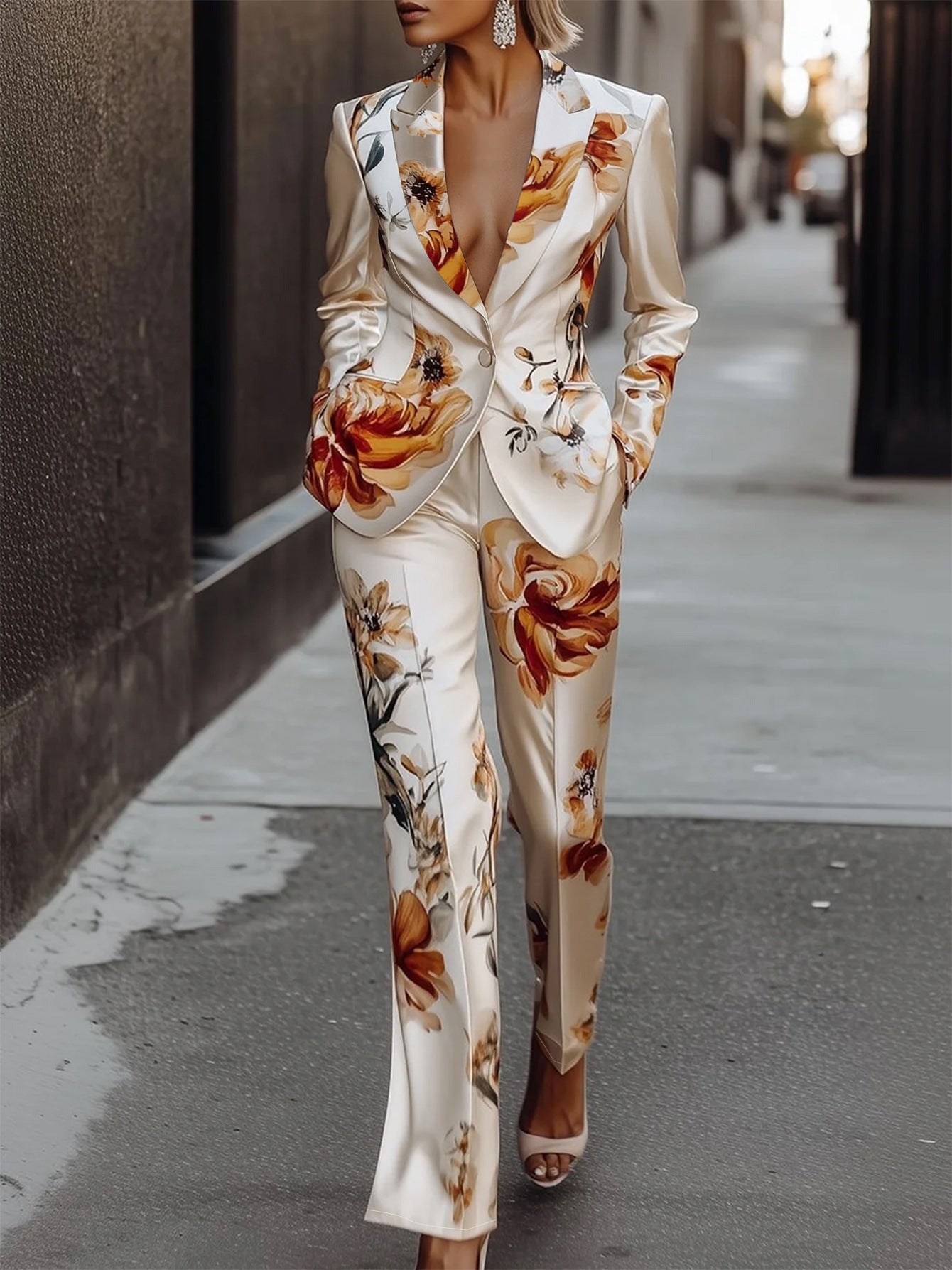 Fashion Printed Satin Long Sleeve Suit Set Two-Piece Set