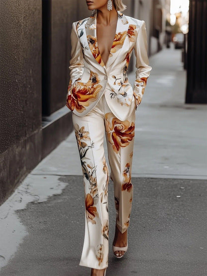 Fashion Printed Satin Long Sleeve Suit Set Two-Piece Set