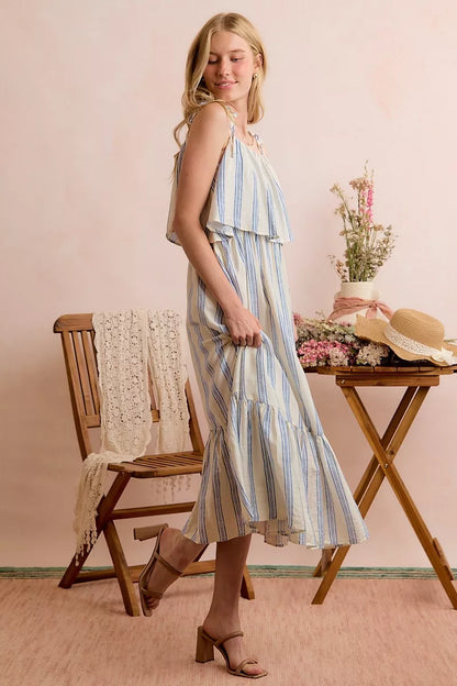Stripe Tiered Shoulder Tie Midi Lined Dress