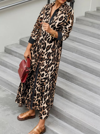 Leopard Print Long Sleeve Shirt Dress with Contrast Trim