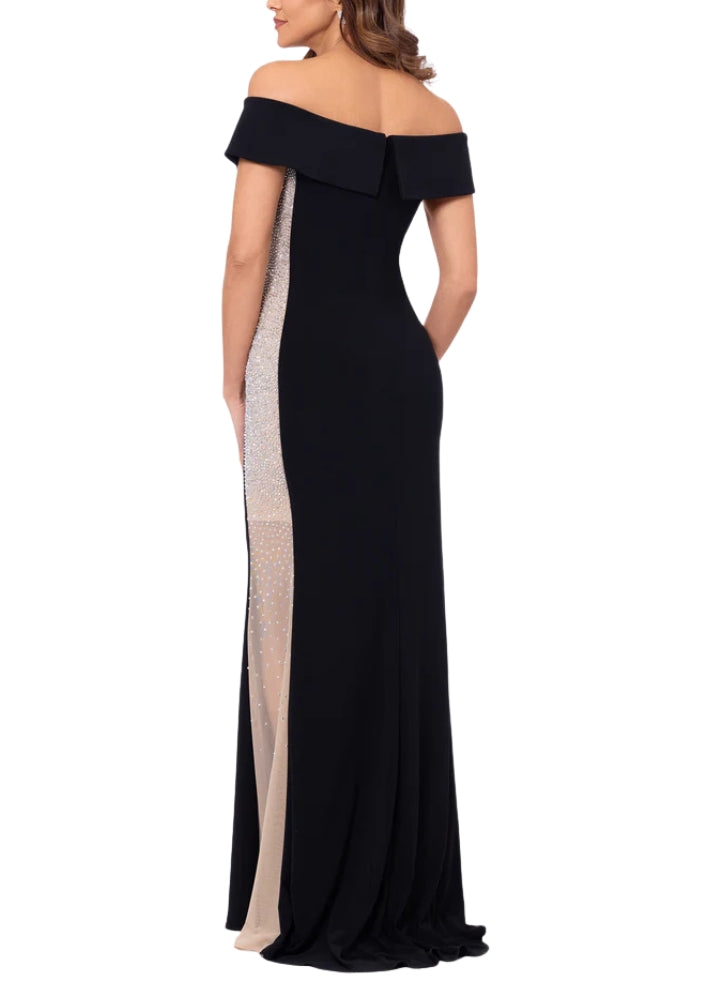 XScape Brianna Off-The-Shoulder Side Silver Bead Fitted Long Gown Dress
