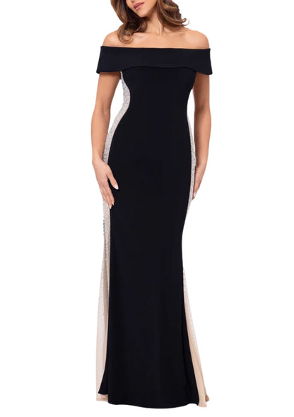 XScape Brianna Off-The-Shoulder Side Silver Bead Fitted Long Gown Dress