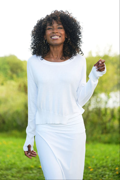 Pima Cotton Mini Knit Crewneck Sweater - White