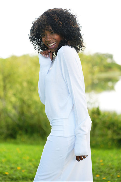 Pima Cotton Mini Knit Crewneck Sweater - White