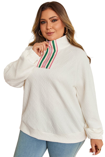 Beige Plus Size Rhombus Texture Contrast Striped Collar Baggy Sweatshirt