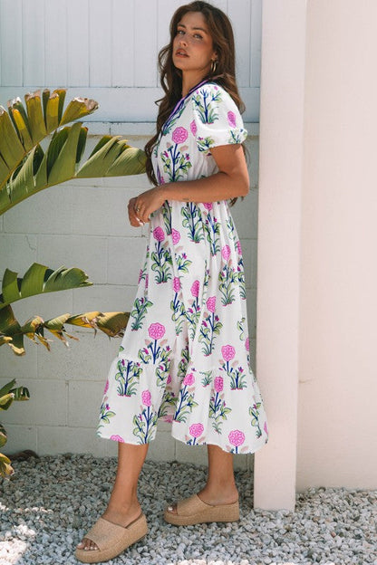 Julietta Floral Puff Short Sleeve V Neck High Waist Dress