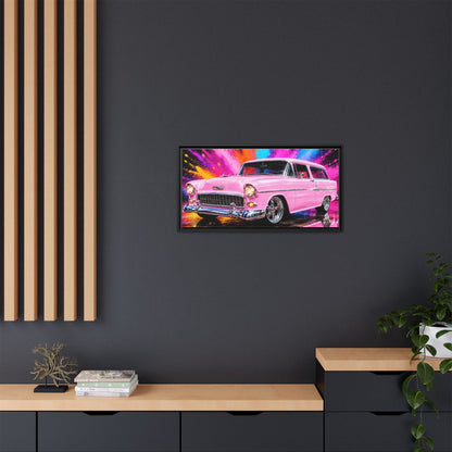 Pink Classic Station Wagon Canvas Print — Retro Car Wall Art, Framed Matte Multi‑Color Splash