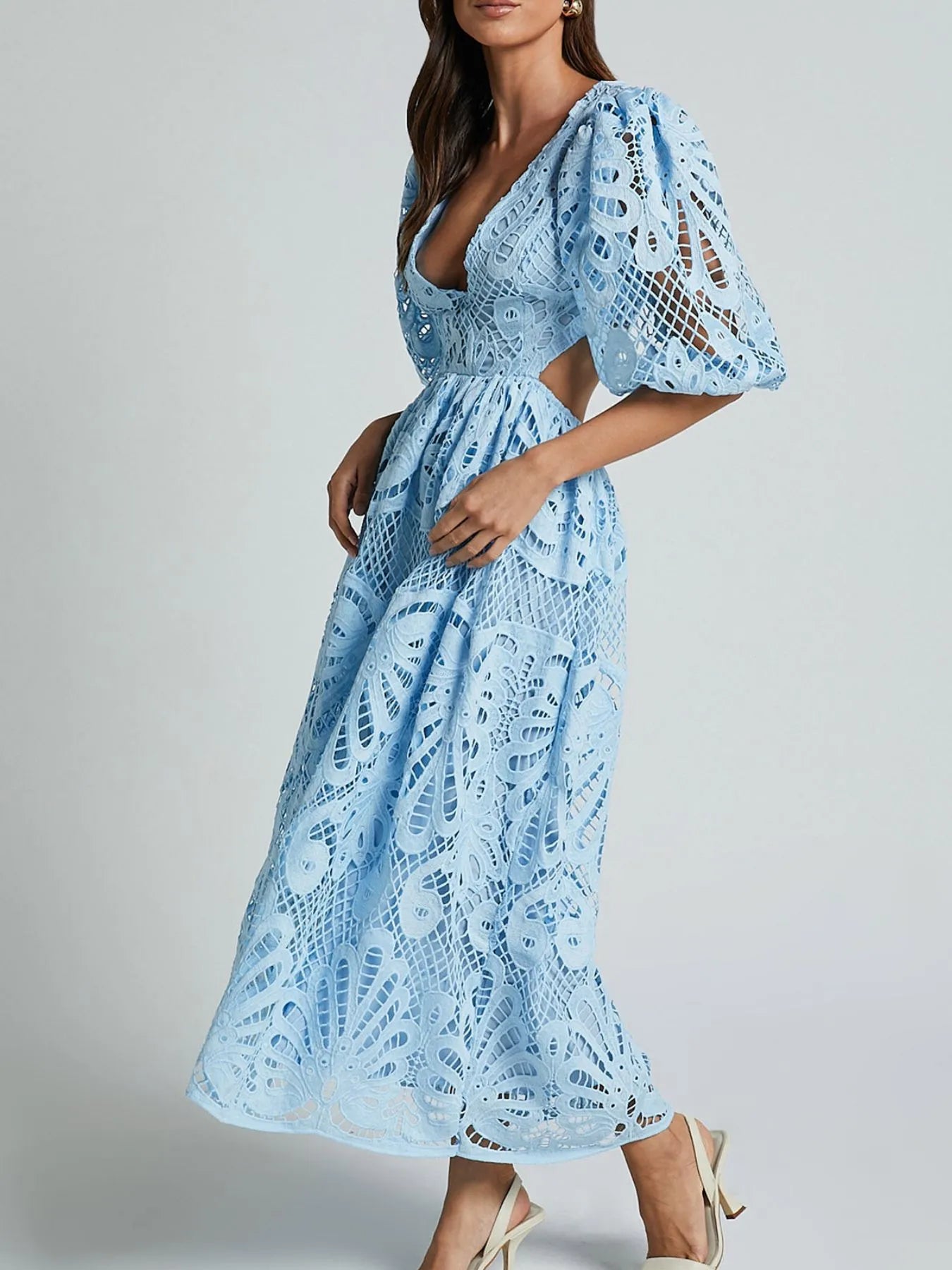 Cutout Back Lace Crochet V-Neck Dress