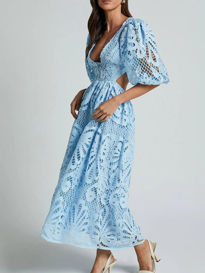 Cutout Back Lace Crochet V-Neck Dress