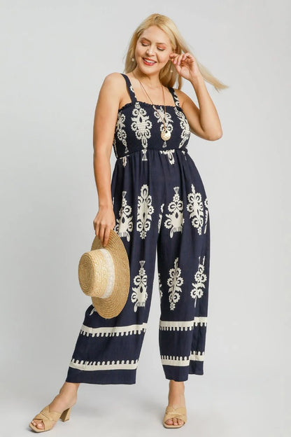 Umgee Smocked Printed Wide Leg Jumpsuit – Plus Size Inclusive Fit