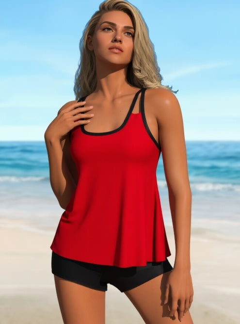 Women's Red and Black Two-Piece Casual Swimsuit