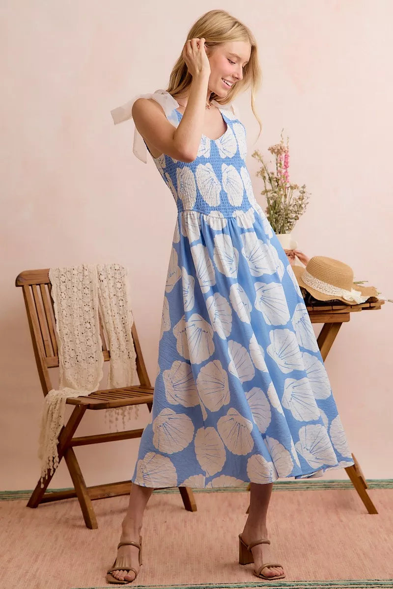 SO ME Shell Smocked Bodice Shoulder Tie Lined Midi Dress