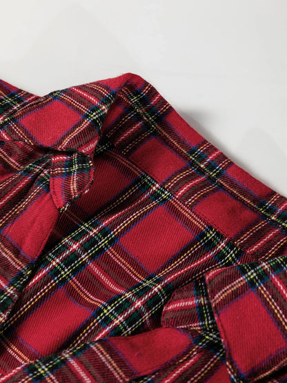Plaid Shirt Collar Half Button Ruffle Hem Long Sleeve Mini Dress