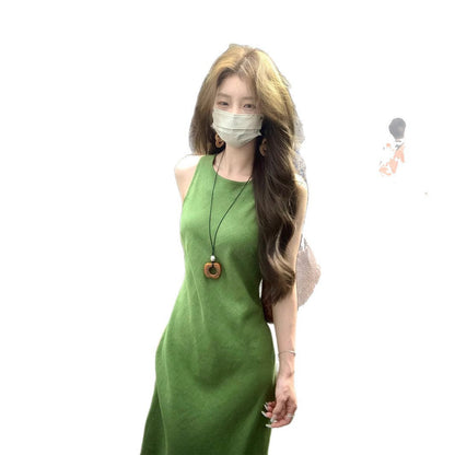 French Green Sleeveless Vest Dress