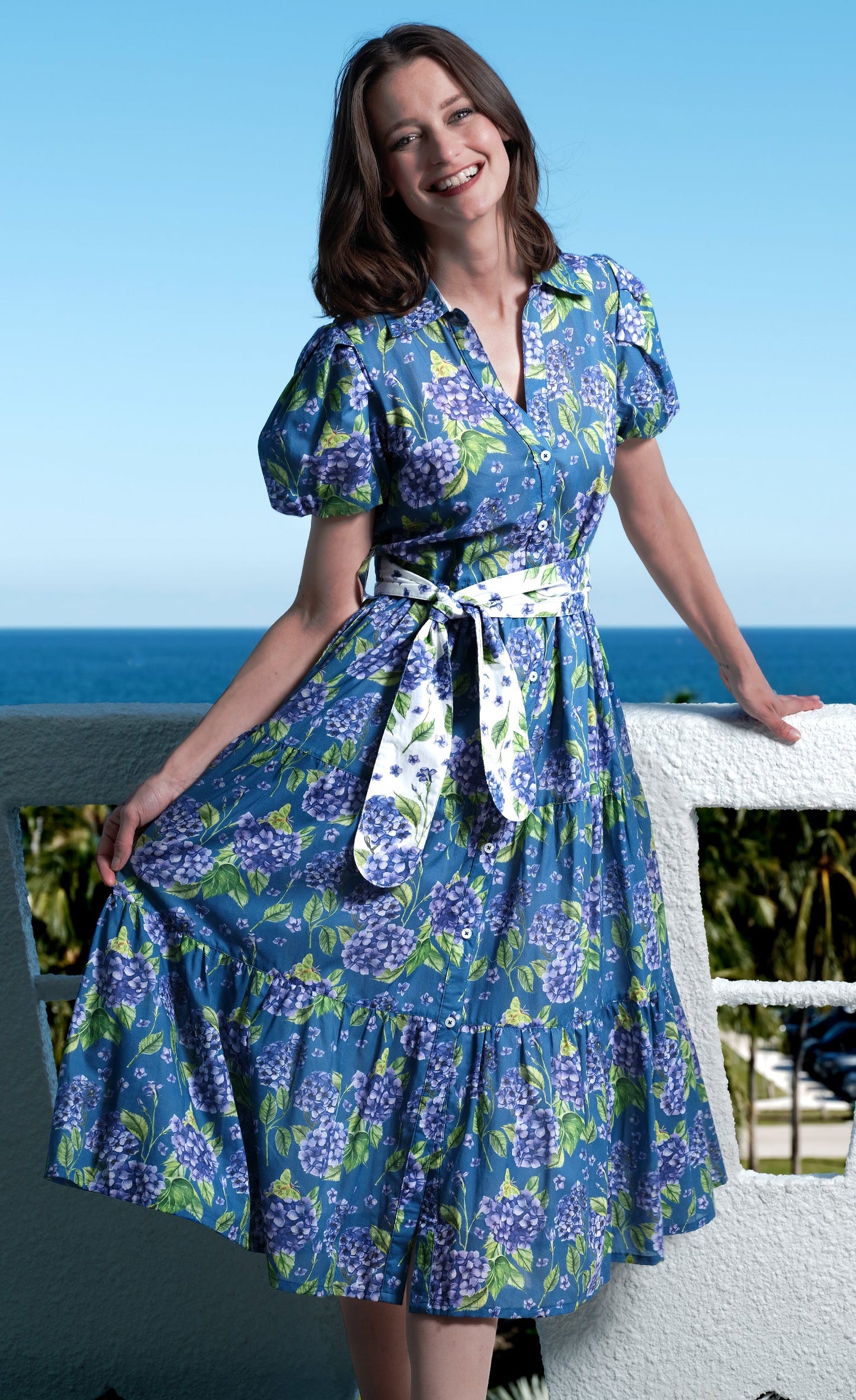 Litchfield Dress Navy Ground Hydrangea Print