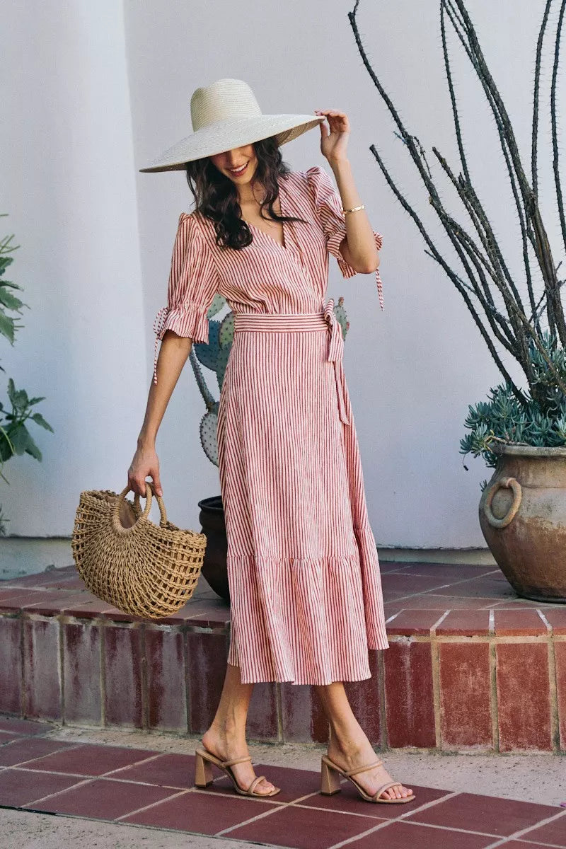 SO ME Stripe Textured Short Sleeves Lined Wrap Midi Dres