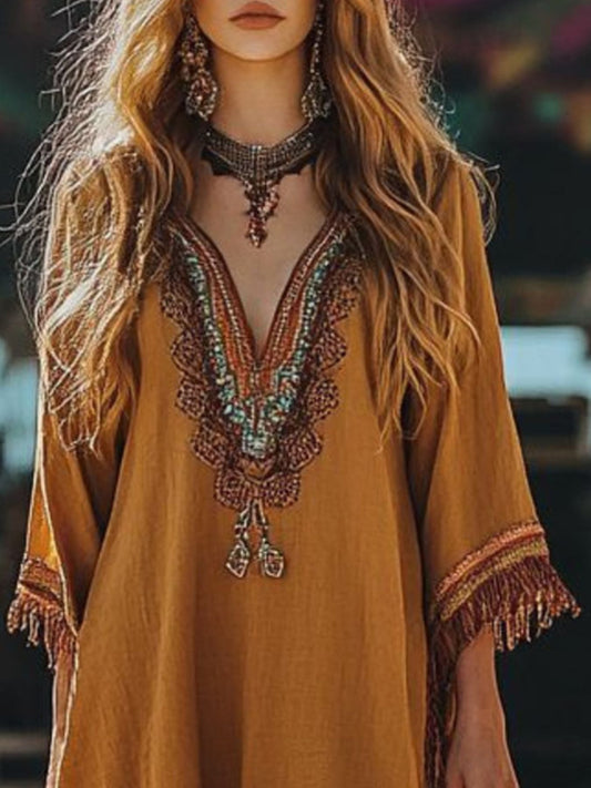 Fringe Hem 3/4 Sleeve Mini Dress