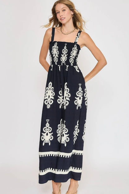 Umgee Smocked Printed Wide Leg Jumpsuit – Plus Size Inclusive Fit