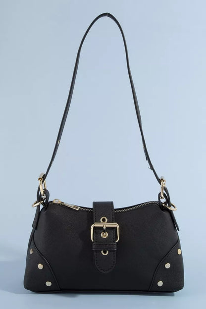 Fame Studded Saffiano Buckle Strap Shoulder Bag