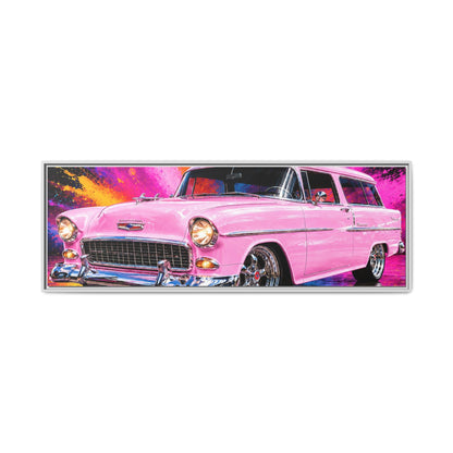 Pink Classic Station Wagon Canvas Print — Retro Car Wall Art, Framed Matte Multi‑Color Splash